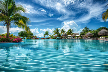 Fototapeta premium Exquisite infinity pool by the beach, surrounded by tropical plants and offering a tranquil experience.
