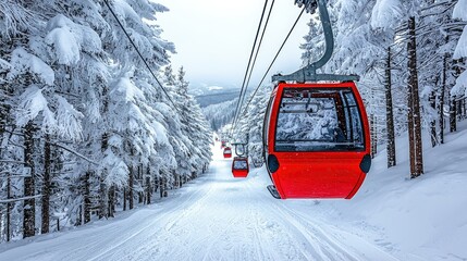Red cable cars ascend snowy mountain slope amidst snow laden pines