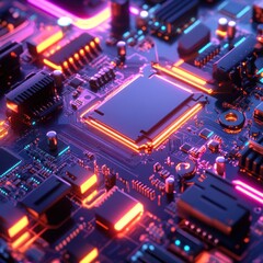 Obraz premium Neon Circuit Board: A Close-Up of Vibrant Technology