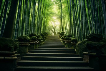 Stone stairway ascending through a serene bamboo forest, bathed in soft sunlight, evokes a sense of tranquility and spiritual journey