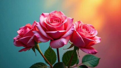 Fototapeta premium A trio of vibrant pink roses, bathed in warm, golden light, exudes a feeling of delicate beauty and romantic charm.