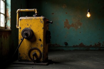 A solitary, aged yellow industrial machine stands in a dimly lit, grunge-style room, illuminated only by a single hanging bulb
