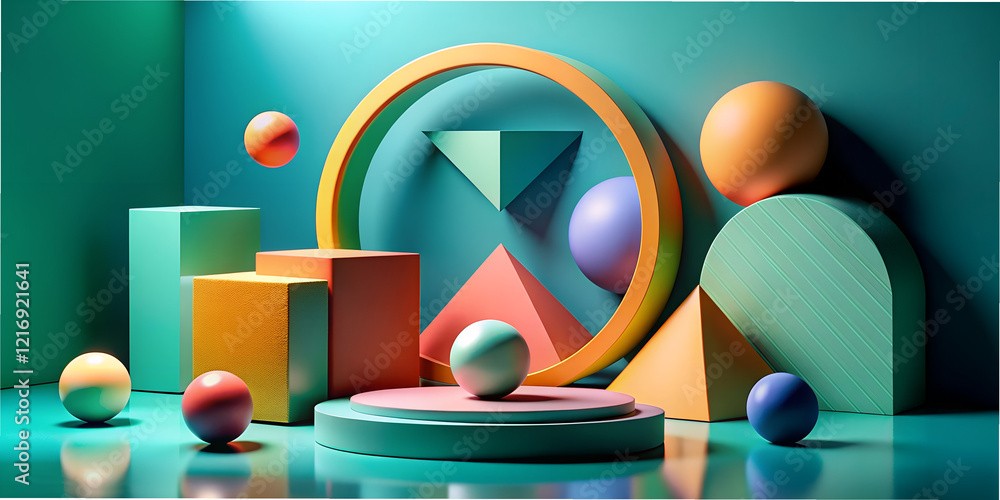 Poster geometric shapes create a vibrant and colorful composition in a modern art style featuring circles, 