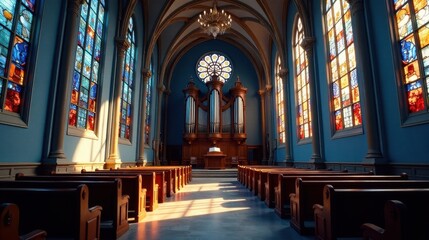 Fototapeta premium Sunlit Sanctuary A Church Interior with Stained Glass Windows and Pipe Organ