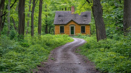 Secluded forest cabin, winding path, green foliage, peaceful retreat