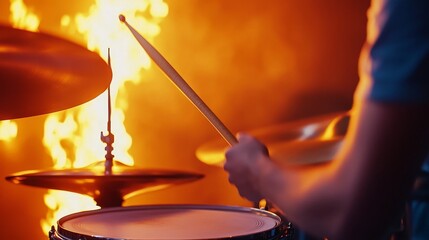 Drummer performing passionately in front of a vibrant fire backdrop during a live music event