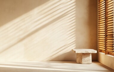 A 3D rendering of a modern, minimalist interior with an empty wall mockup and a stone table. Wooden shutters on the right side add texture, while soft light from the window creates gentle shadows. 
