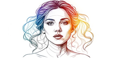 Unique contour line drawing of a female portrait showcasing flowing hair and expressive features with colorful highlights blending seamlessly