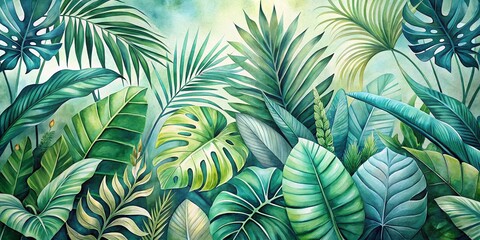 Ethereal Pastel Watercolor Tropical Leaves, Boho Jungle Floral Art Print