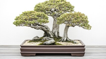 Tranquil bonsai trees, indoor garden, minimalist background, zen atmosphere, perfect for relaxation