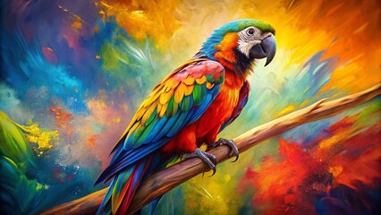 Exotic Parrot Bird on Branch, Vivid Oil Painting, Abstract Faunal Art, High Depth of Field