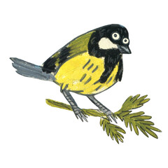 Obraz premium Little cartoon tit. Drawing of a funny bird with round eyes. Design element for textiles, prints, stickers, cards, packaging