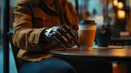 Robotic Hand Holding Takeout Coffee In Urban Cafe.