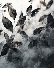 Obraz premium Elegant Black Leaves in Mystical Fog, Artistic Nature Background