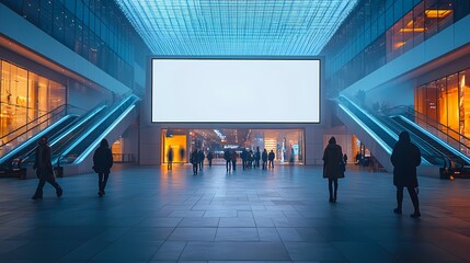 Bustling urban center with large screen and illuminated escalators at dusk