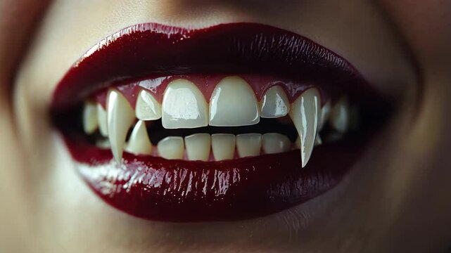 A close-up of a mouth reveals sharp fangs glistening amidst ruby red lipstick. The striking contrast creates an alluring yet eerie effect, perfect for a gothic fantasy or horror theme.