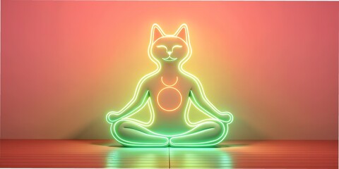 International yoga day celebration showcasing a glowing neon cat in a meditative pose against a vibrant background