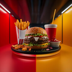 Cheesy Burger Placed On a Red Yellow Vibrant Background