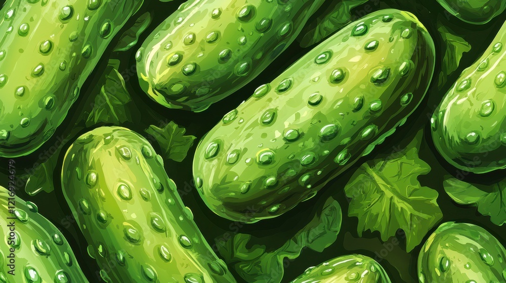 Poster fresh cucumbers and leafy greens arranged together in an appealing display for a vibrant market sett