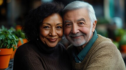 Obraz premium Senior couple smiling together in a lush indoor garden during a cozy afternoon