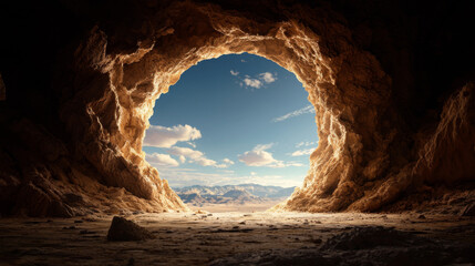 Dramatic view from an expansive cave opening revealing a desert landscape