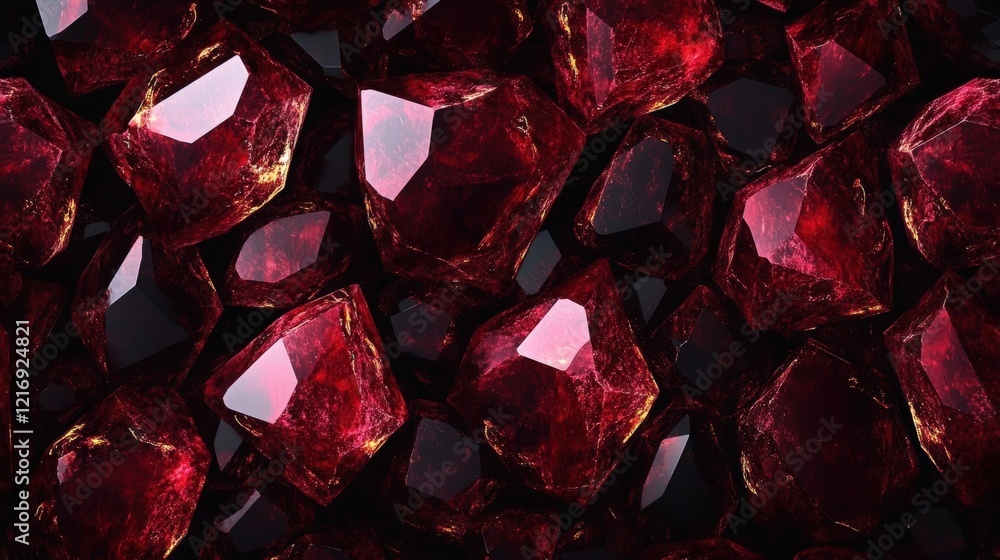 Poster luxurious abstract seamless pattern of deep red crystals and gems with faceted surfaces for textures