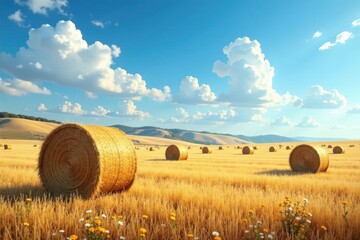 Golden Hay Bales in a Sunny Summer Field, Rolling Hills Under a Blue Sky with Puffy White Clouds