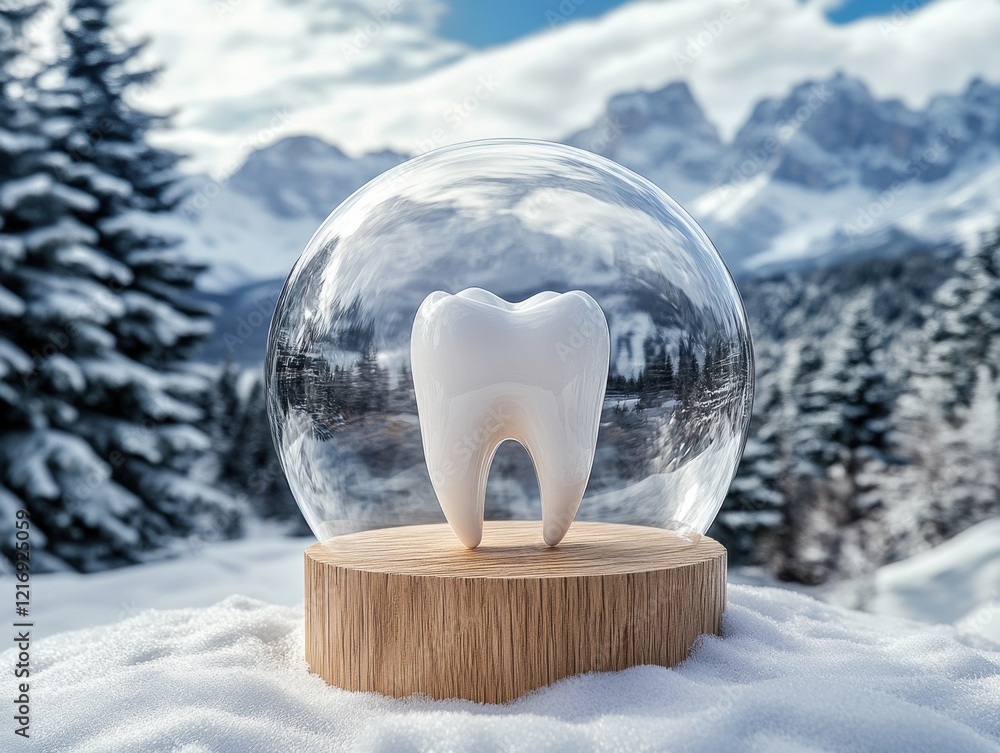 Poster snowy mountains backdrop features a snow globe with a tooth sculpture on a wooden base creating a wh