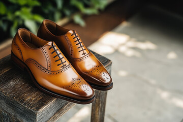 Elegant men's brown leather brogue shoes on rustic wooden surface