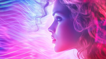 Vibrant Profile View With Curly Hair And Neon Lights.