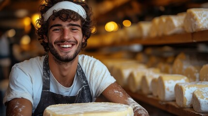 Young cheesemaker smiles brightly while crafting cheese in a bustling dairy workshop during the afternoon
