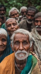 A gathering of elders with expressive faces in vibrant attire, capturing community spirit and cultural heritage in a rural environment.