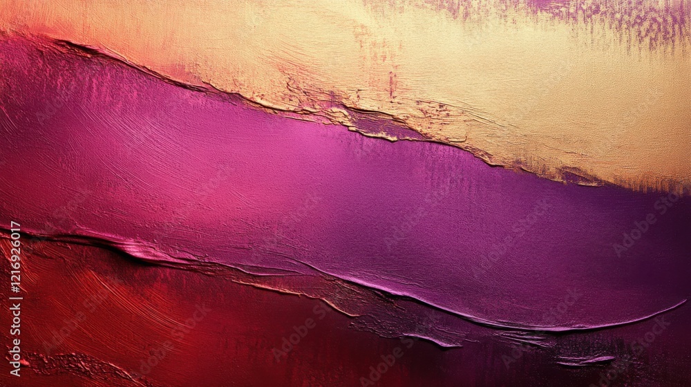 Poster abstract artwork features rich hues of purple, gold, and red with textured layers creating a dynamic