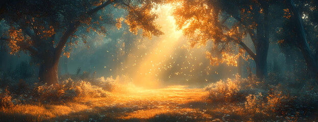 Fototapeta premium Golden Forest Path, Sunrise Magic
