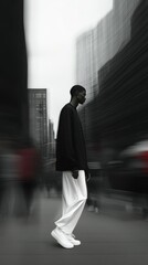 Fototapeta premium A person walks in a bustling city, captured in dynamic motion, highlighting the contrast between individuality and urban life.