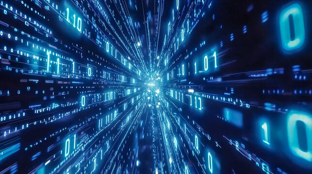 Data flow transfer. Flowing stream of binary digits code. Bright blue and white hues, technology, connectivity concept. Digital river, dynamic effect, background