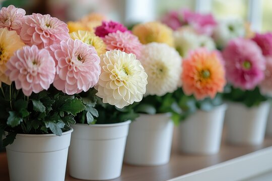 Beautiful dahlias in pastel shades arranged in white pots placed on a wooden surface during a sunny day in a floral shop