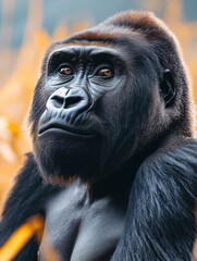 Obraz premium Majestic gorilla relaxes in its natural habitat surrounded by lush vegetation during the golden hour of sunset