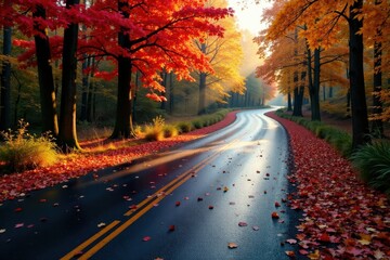 Scenic Autumn Road A Curving Path Through Vibrant Fall Foliage, Sunlight Illuminating the Wet Asphalt, Creating a Captivating Display of Nature's Beauty