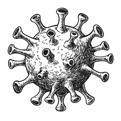 Hand-drawn black and white illustration of a stylized virus particle with detailed textures, symbolizing health, immunity, and microbiological science concepts, isolated on white.