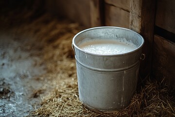A minimalist metal milking bucket filled with frothy milk, placed on a hay-lined floor. picture