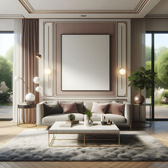 "Modern Living Room Interior with ISO A Paper Size Poster Mockup – Elegant 3D Render Design"