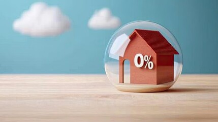 Household debt interest concept. A miniature house with a "0%" sign is displayed under a glass dome, symbolizing low or zero interest rates in a calming, cloud-filled environment.