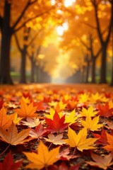 Autumnal Pathway A carpet of vibrant red and gold maple leaves blankets a sunlit path, leading through a majestic avenue of trees in autumn's warm embrace.