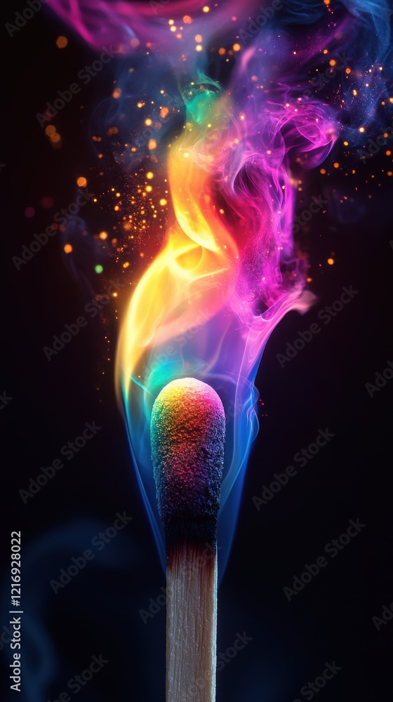 Aufkleber colorful flames and vibrant smoke swirl from a matchstick, creating a mesmerizing visual display in 