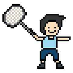 Obraz premium Cute cartoon pixel character cute man exercise training play badminton tennis lifestyle decoration life style 8 bit male boy game badminton 8bit fitness isolated PNG vector.