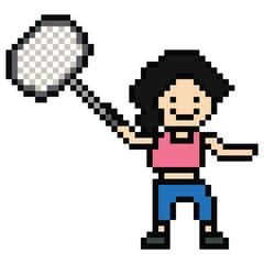 Naklejka premium Cartoon pixel character cute woman lady exercise training play badminton tennis lifestyle decoration life style 8 bit female girl game badminton 8bit fitness isolated PNG vector.