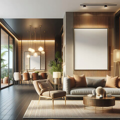 "Modern Living Room Interior with ISO A Paper Size Poster Mockup – Elegant 3D Render Design"
