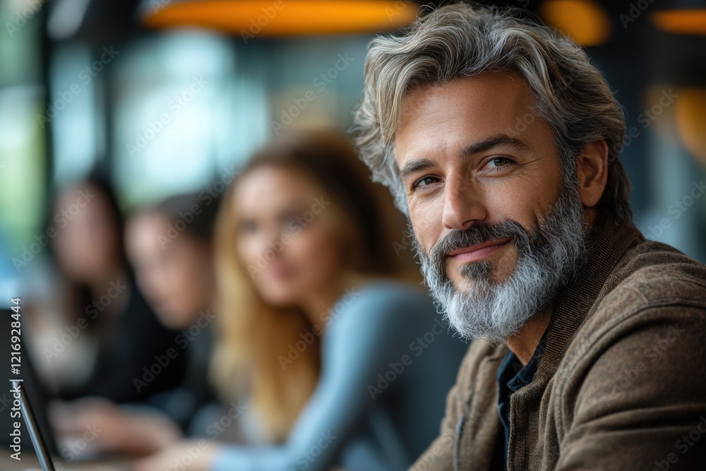 Aufkleber professional man with a beard engages in conversation with colleagues at a modern workspace during a