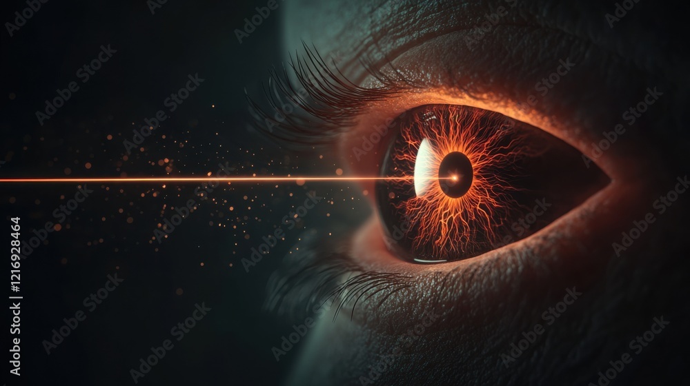 Poster artistic representation of a hypnotic eye with a glowing laser beam and vibrant colors creating a st